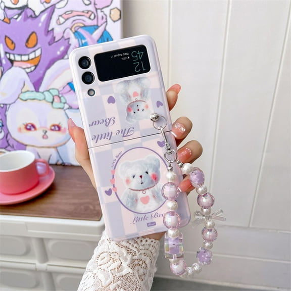 Compatible with Galaxy Z Flip 4 Case with Bracelet Strap Chain Cartoon Bear Case for Samsung Galaxy Z Flip 4 2022,Purple