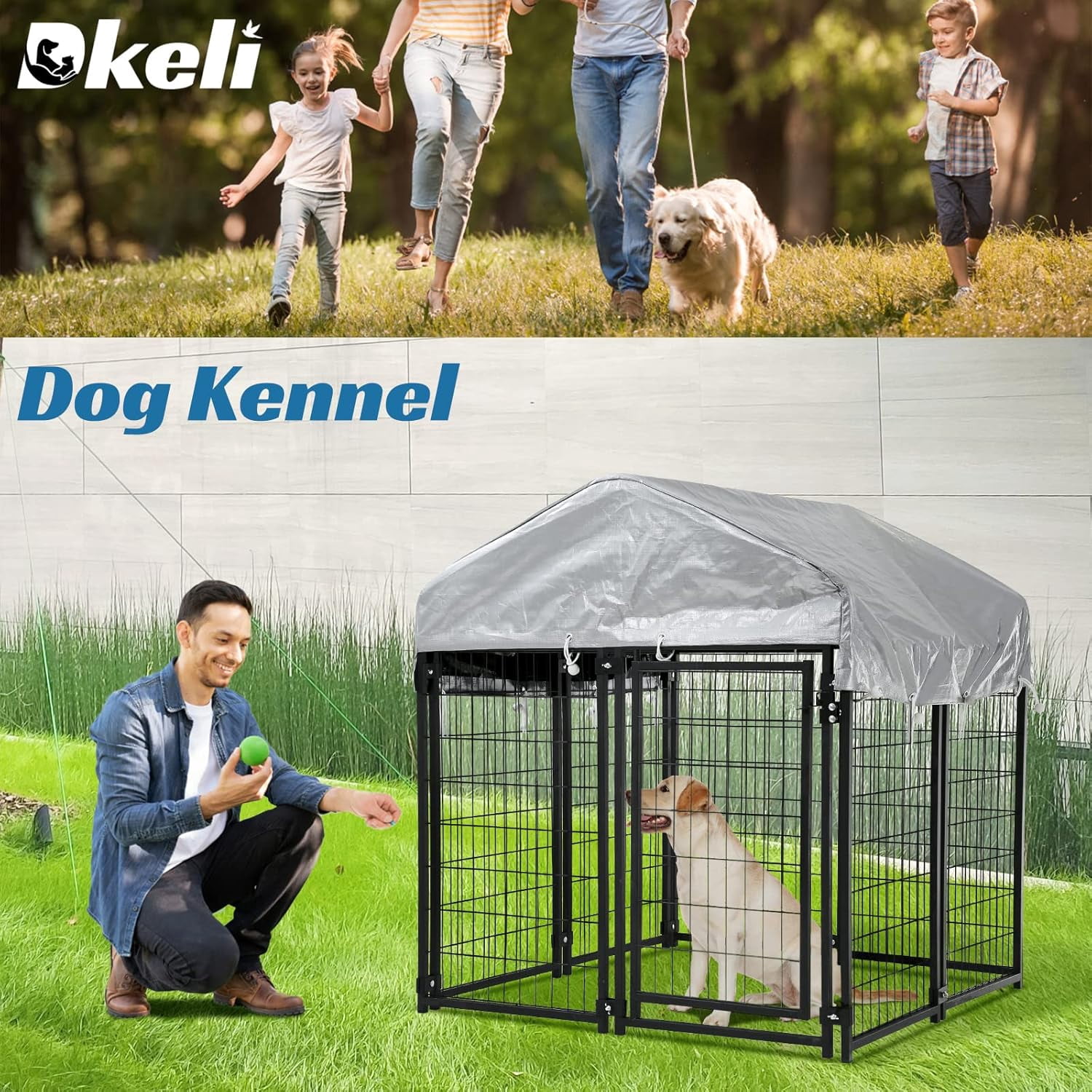 Dkelincs Large Dog Kennel 4.3' x 4' x 4' Heavy Duty Outdoor Dog Crate Cage with Roof and Waterproof Cover, Black