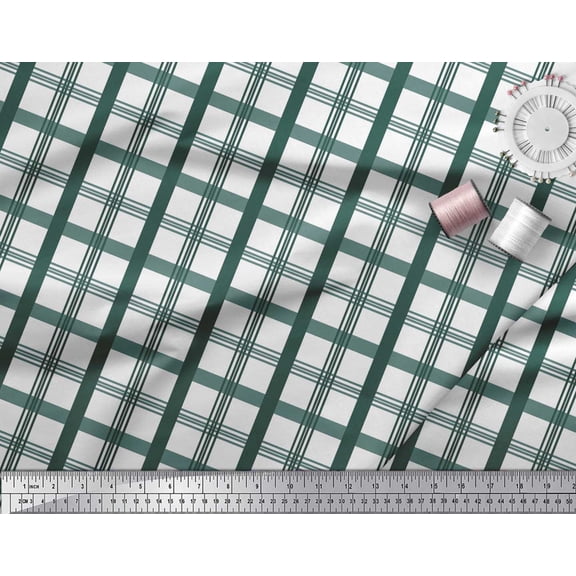 Soimoi Green Silk Fabric Window Pane Check Printed Fabric 1 Yard 42 Inch Wide