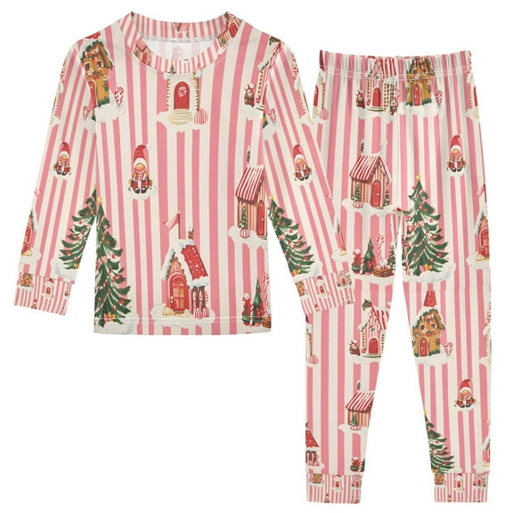 FORMRS Long Sleeve Top and Pants Pajama Set for Niños 2-Piece Sleepwear, Sizes 18M-8Y, White Gingerbread Houses