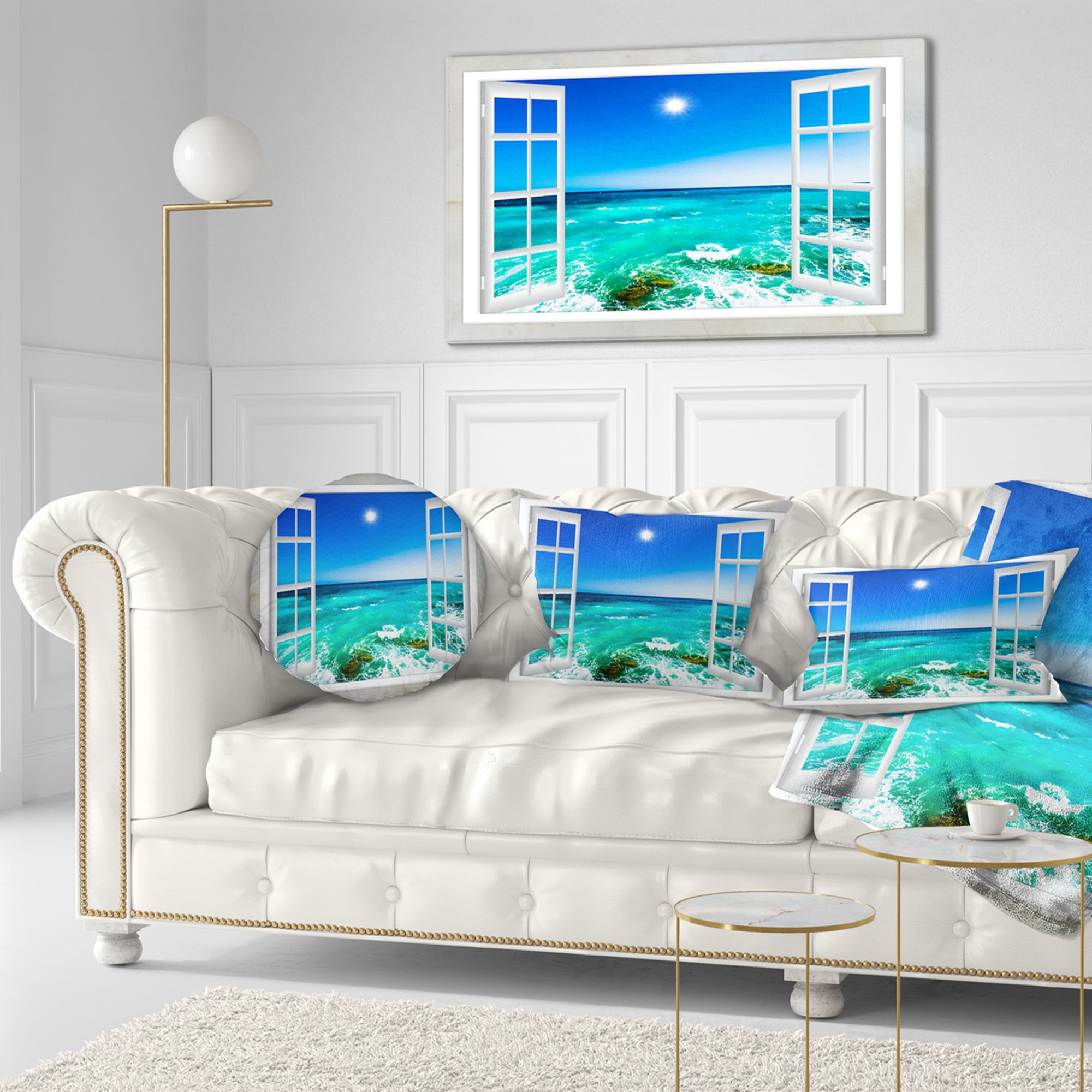 Designart Open Window to Wavy Ocean - Seashore Throw Pillow - 12x20