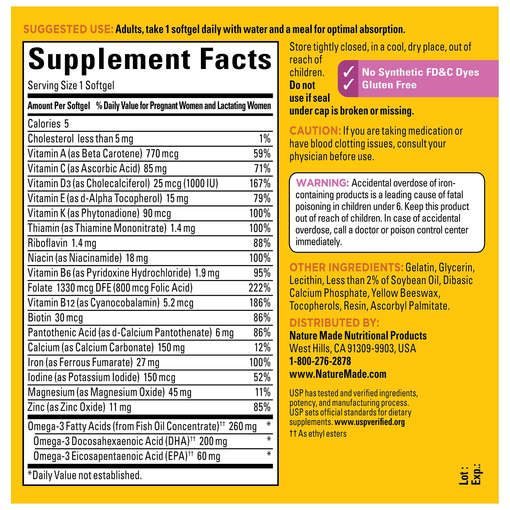 (4 pack) Nature Made Prenatal with Folic Acid + DHA Softgels, Prenatal Vitamin and Mineral Supplement, 100 Count