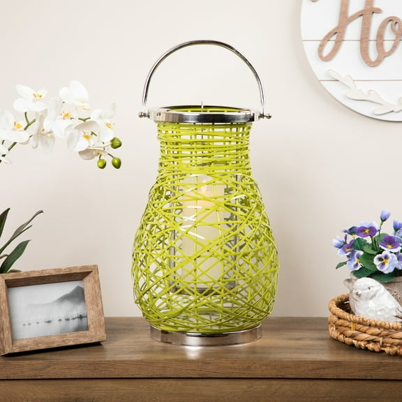 Northlight Woven Iron Pillar Candle Lantern with Glass Hurricane - 16.25" - Green