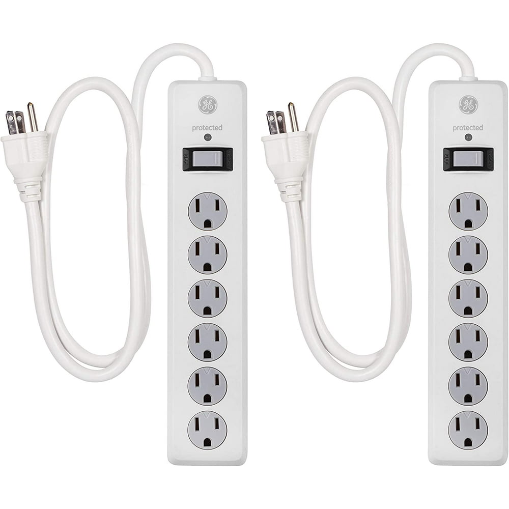 GE 6 Outlet Surge Protector 2 Pack, 3 Ft Extension Cord, Power Strip, 800 Joules, TwistToClose