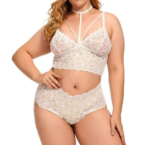 nsendm Female Underwear Adult plus Size Lace Bra Set Plus Size Sexy  Lingerie V Neck High Waist Floral Lace Bra and Lace Robe for Women  Lingerie(White