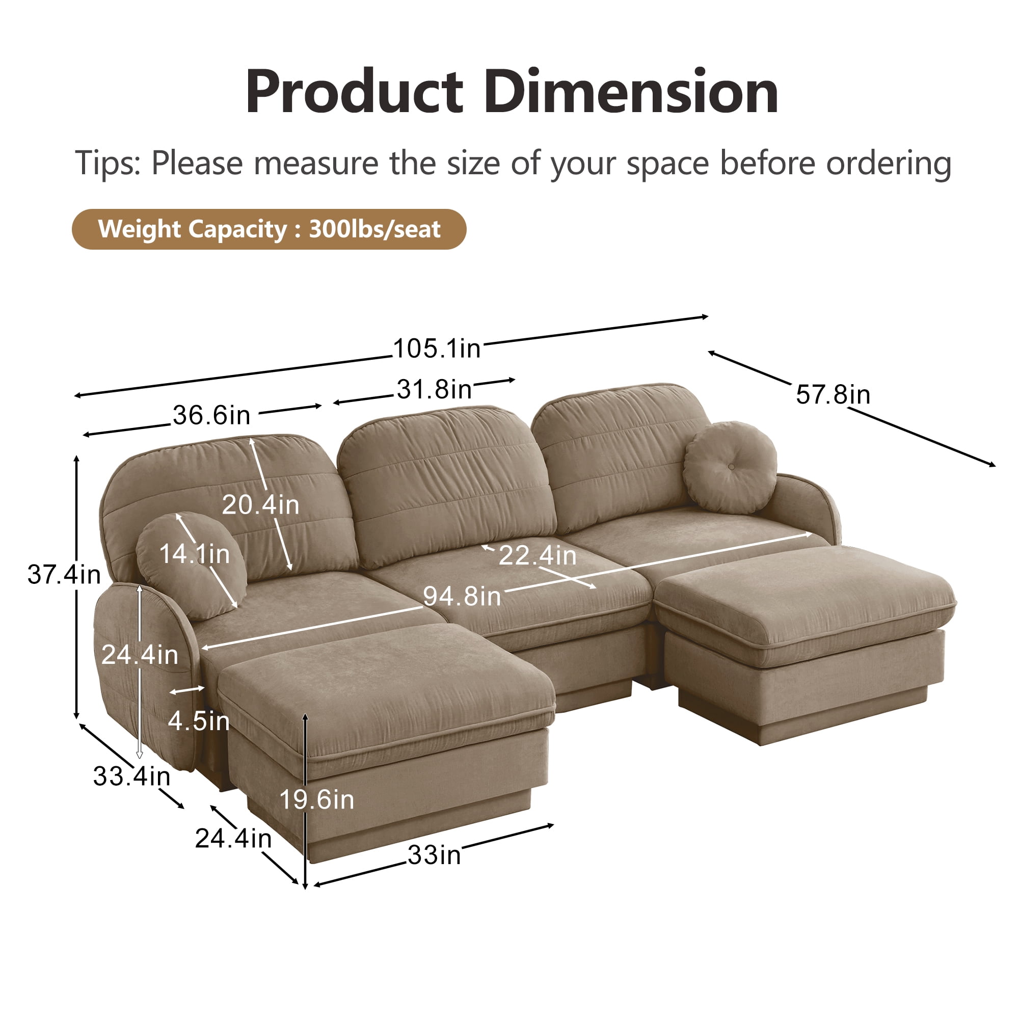 Mintazer 105" Chenille Cloud 3-Seater Modular Sectional Sofa with 2 Movable Ottoman & Round Pillows, U-Shaped Ergonomic Sofa Couch for Living Room, Apartment, Light Coffee