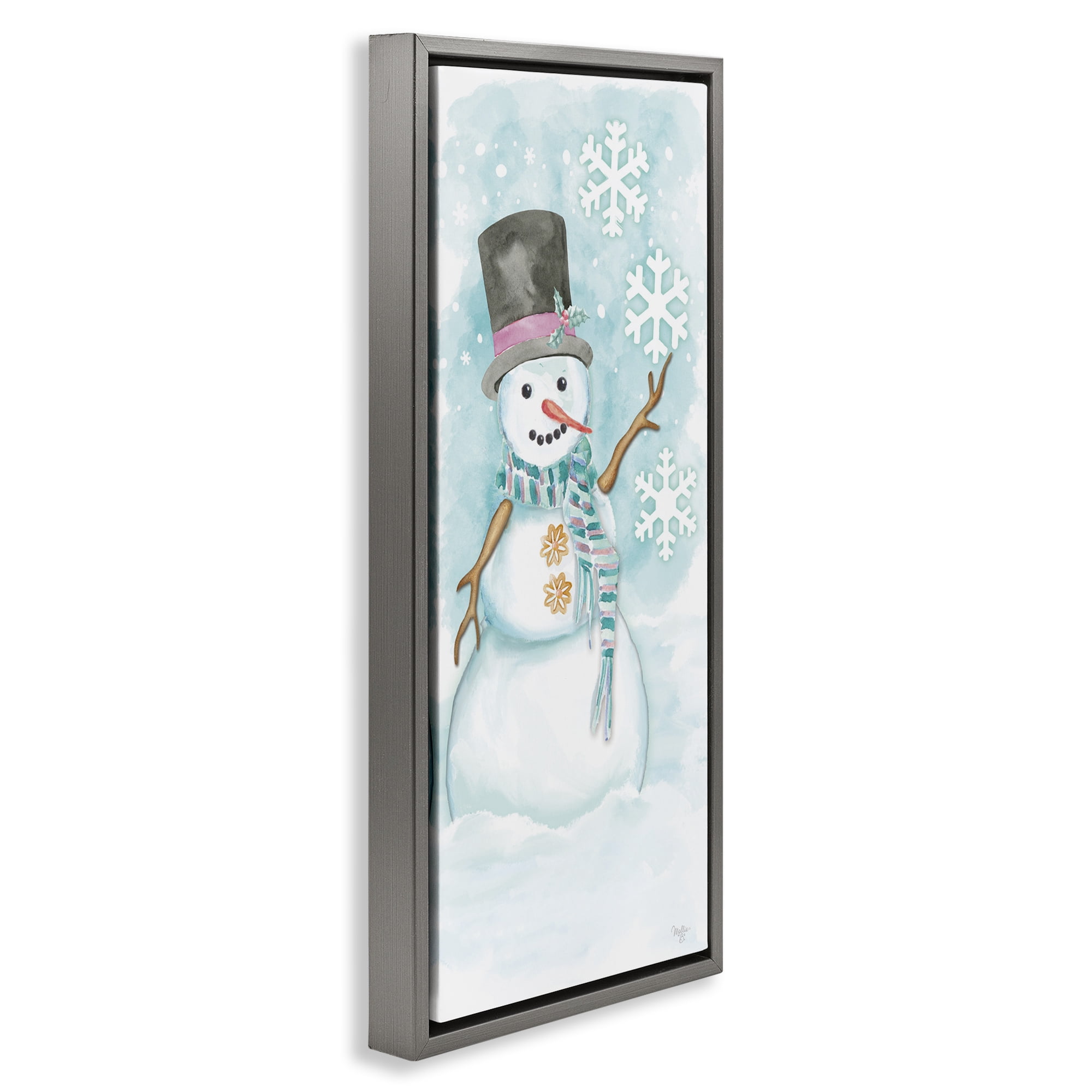 Stupell Industries Waving Snowman Greeting Holiday Painting Gray Floater Framed Art Print Wall Art, 15 x 31