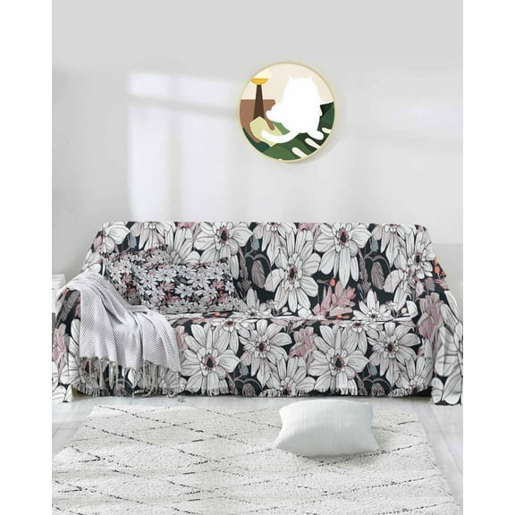 Floral Black Sofa Covers for 3 Cushion Couch,Washable Sectional & L Shape Couch Covers for Dog/Cat/Kid,Vintage Plant Abstract Watercolor Boho Non Slip Sofa Slipcover Tassel Futon Cover 71x150