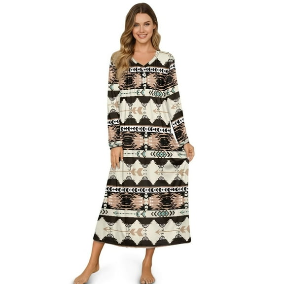 Psesaysky Long Nightgown Button Down Women's Long Sleeve Sleepwear Aztec Tribal Print House Dress Soft Comfy Night Dress for Ladies, 2X Large