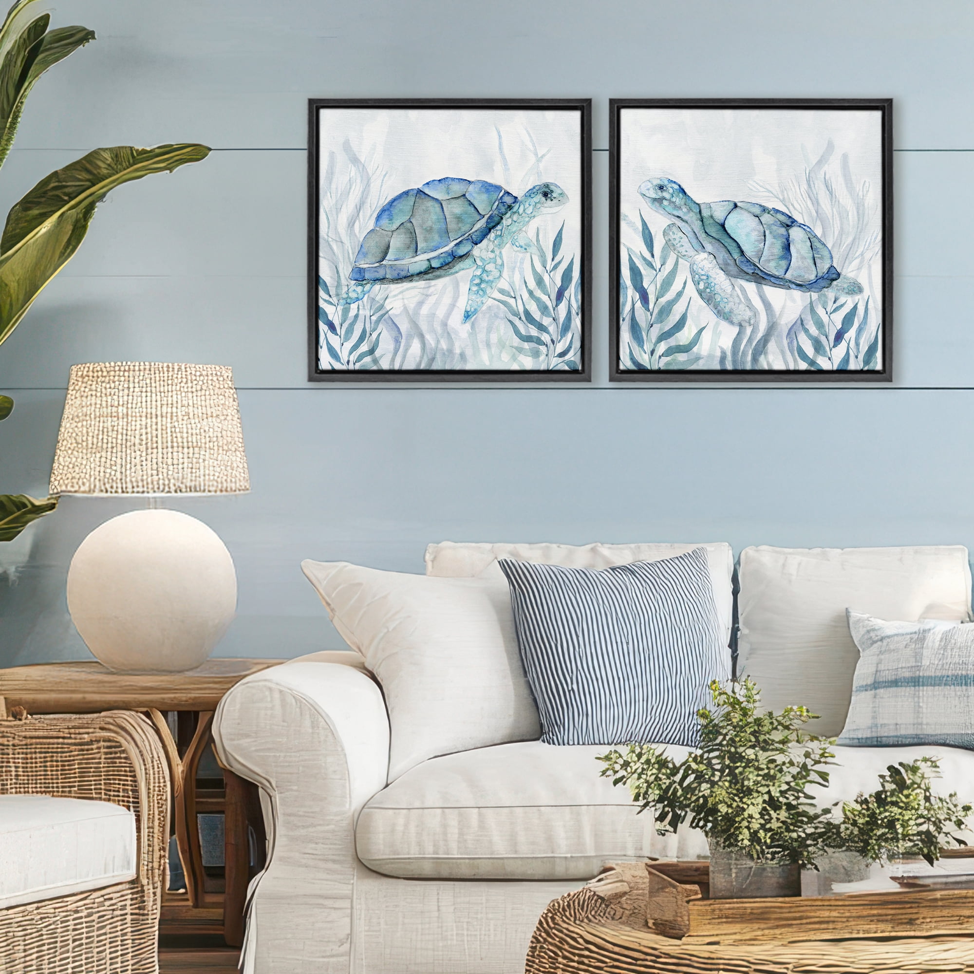 Stupell Industries Subtle Smiling Sea Turtles 2 Piece Black Framed Floater Canvas Set, design by Janet Tava