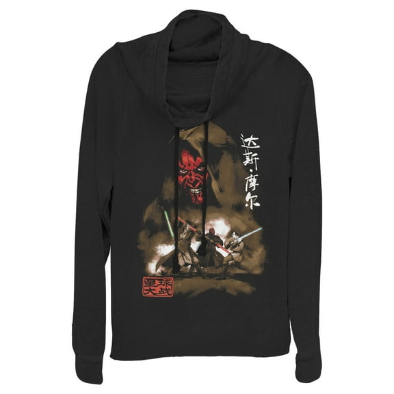 Junior's Star Wars Darth Maul Kanji Battle  Cowl Neck Sweatshirt Black Small