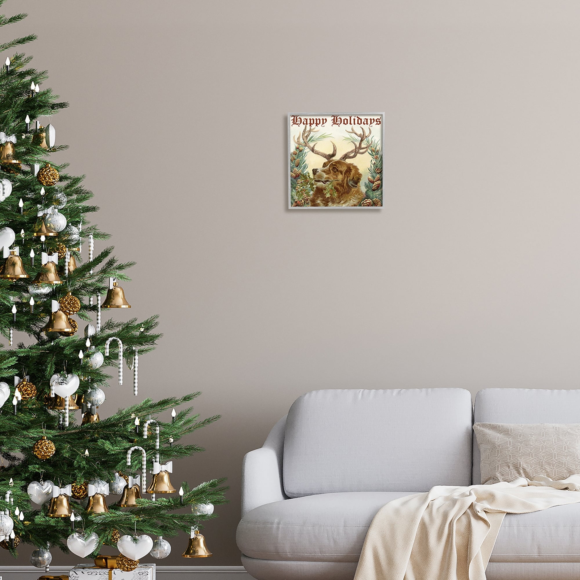 Stupell Industries Dog Wearing Antlers Seasonal Holiday Botanicals Graphic Art Gray Framed Art Print Wall Art, Design by Alicia Longley