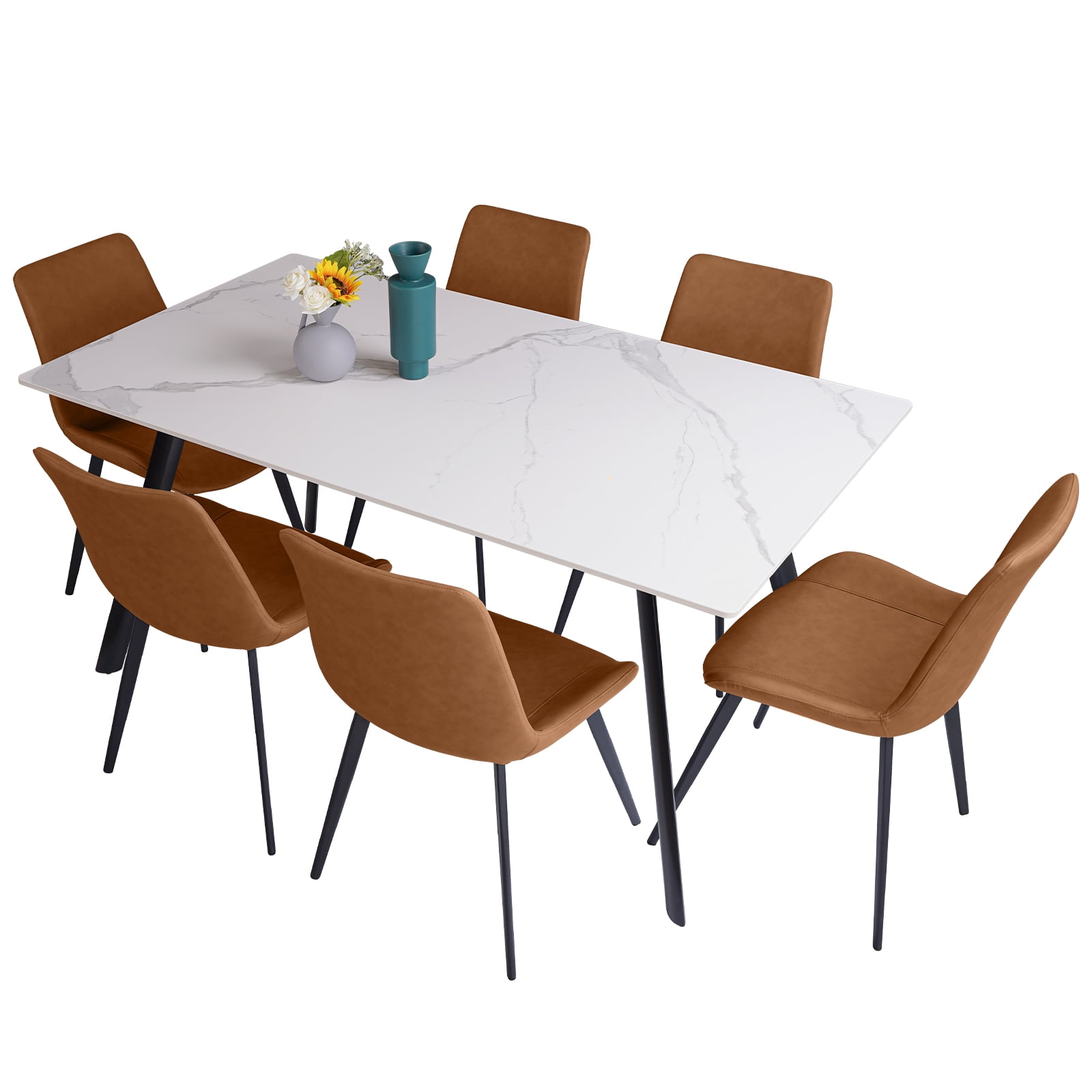7 Piece Dining Table Sets,Stable Sintered Stone & Leather Modern Dining ...