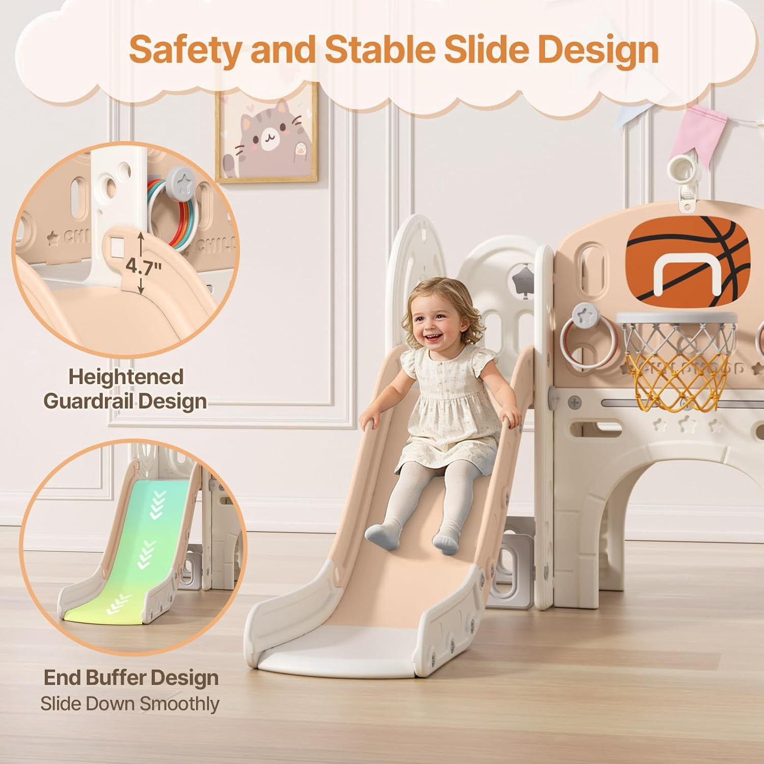 DKMOCO 9 in 1 Toddler Slide, Baby Slide for kids Age 1-3, with Basketball and Hoop, Indoor Outdoor Playset Playground Beige Coffee