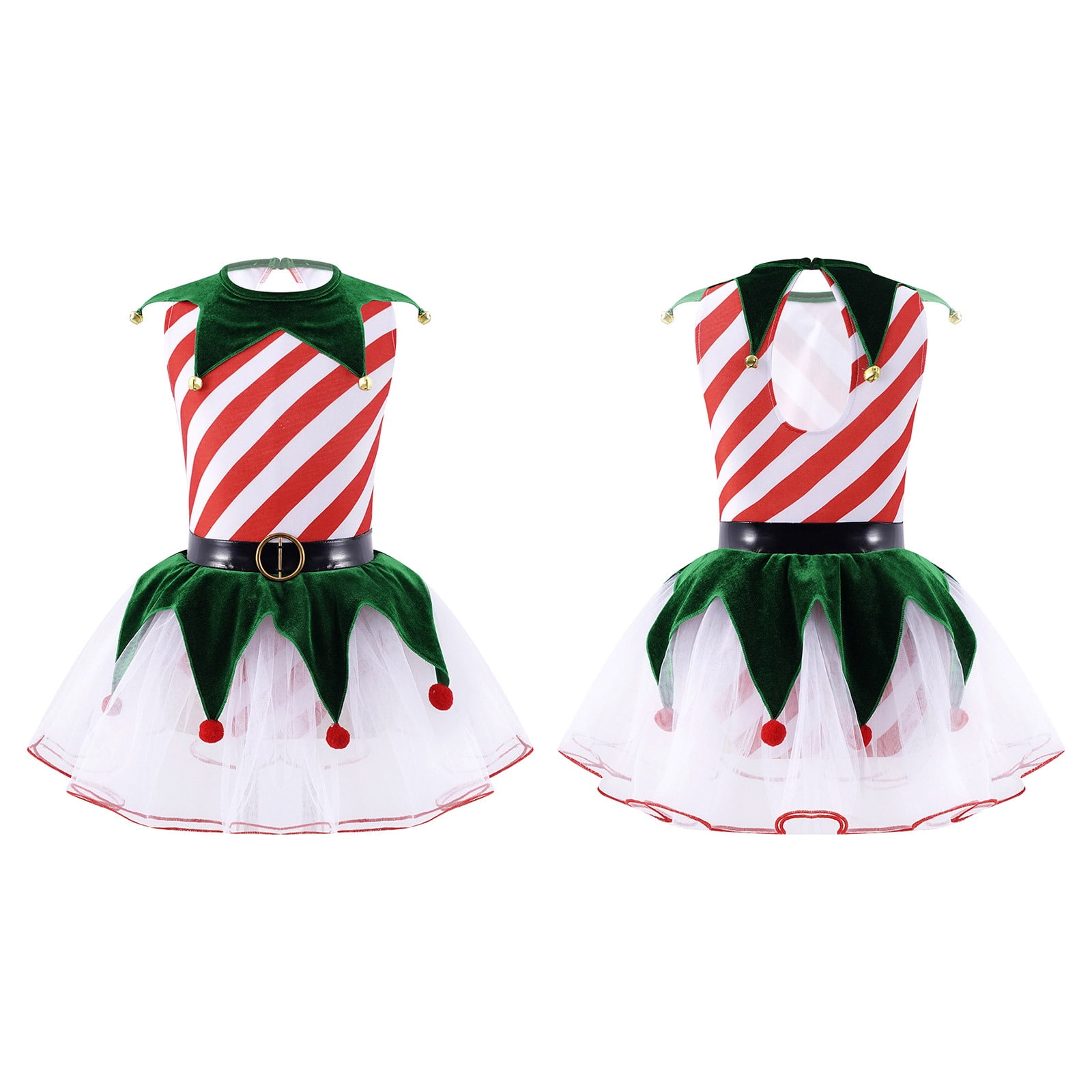 Girls’ Striped Christmas Elf Tutu Dress With Hat – Sleeveless Leotard For Holiday Parties, Ice Skating, And Performances