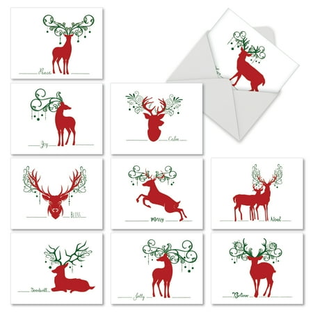 'M2937SGG SEASONAL SILHOUETTES' 10 Assorted Seasons Greetings Note Cards Featuring Simple Graphic Images of Deer Combined with Sayings of the Holiday Season, with Envelopes by The Best Card