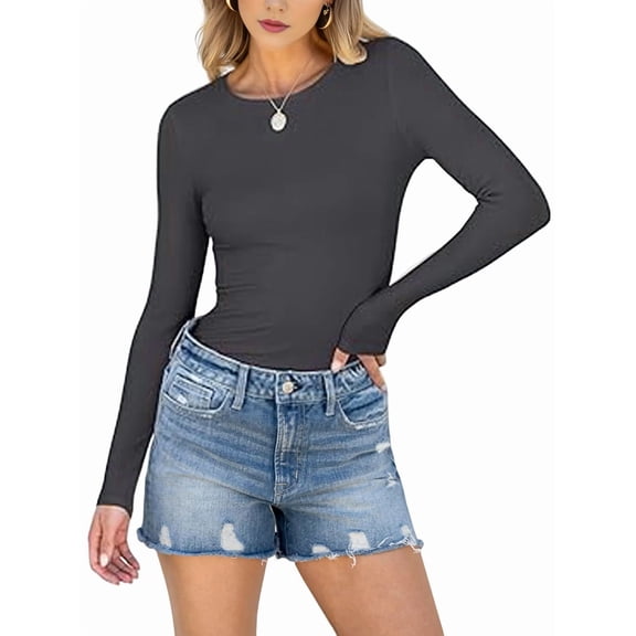Women Long Sleeve Shirts Rib Knit Slim Fit Tops Fall Outfits Casual T-Shirt Underscrubs Layer Clothes Dark Gray XXL