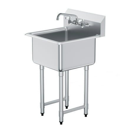 KFFKFF Stainless Steel Utility Sink, Single Compartment with Faucet & Legs, 21"x41" Free Standing Sink for Kitchen, Garage, Restaurant, Laundry. Approved
