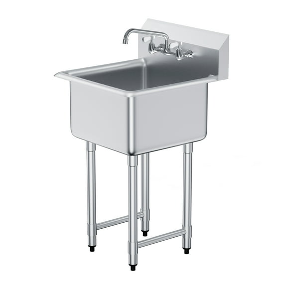KFFKFF Stainless Steel Utility Sink, Single Compartment with Faucet & Legs, 21"x41" Free Standing Sink for Kitchen, Garage, Restaurant, Laundry. Approved