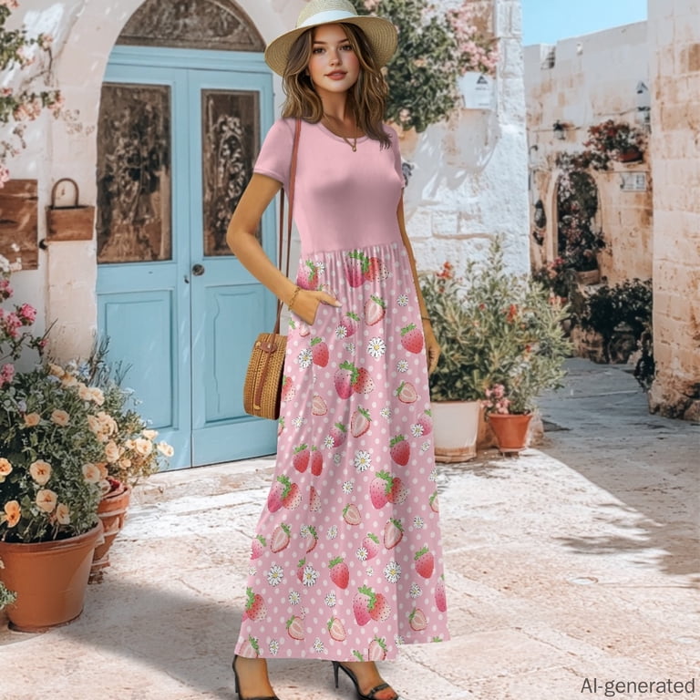 strawberry dress womens Uourmeti Soft Touch Short Sleeve Maxi Dress, Pink Daisy Pattern Breathable Side Pocket Women Long Maxi for Daily Shopping Travel and delicate cherry embroidery Color:Picture Color-Burgundy Smocked Velvet Dress for Toddlers Midi Vintage Sewing Patterns Dress