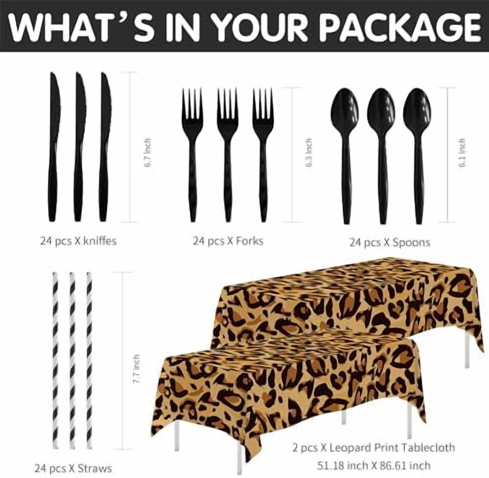 Leopard Print Party Supplies - Cheetah Print Party Decorations Tableware, Plate, Cup, Napkin, Tablecloth, Cutlery, Safari Animal Leopard Theme Birthday Baby Shower Party Supplies | Serve 24$$
