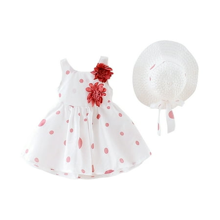 

YWDJ 6Months-3Years Toddler Kids Girls Cute Summer Flowers Polka Dots Sleeveless Dress Skirt Hat Suit Pink 6-12 Months