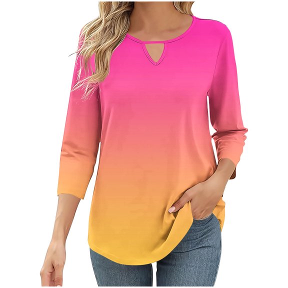 gakvbuo 3/4 Sleeve tops for Women Keyhole Neck summer Tunic tops Solid Color Round Neck Loose T-shirt