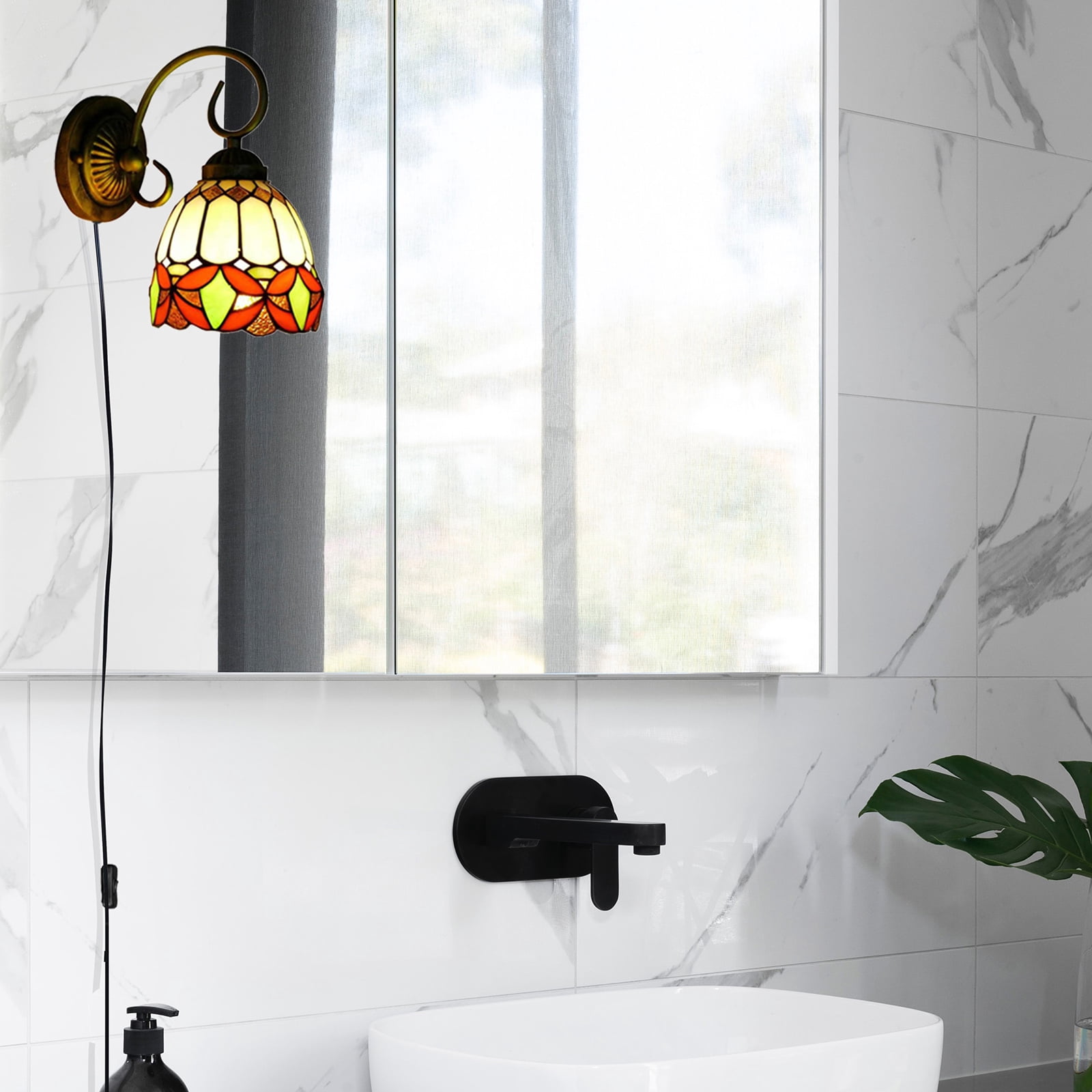 Kiven Plug in Black Wall Lamp Tiffany Style Dimmable Plug in Wall Sconce with Timer, Glass Lampshade, 5.9ft Plug-in Cord, E26 Socket