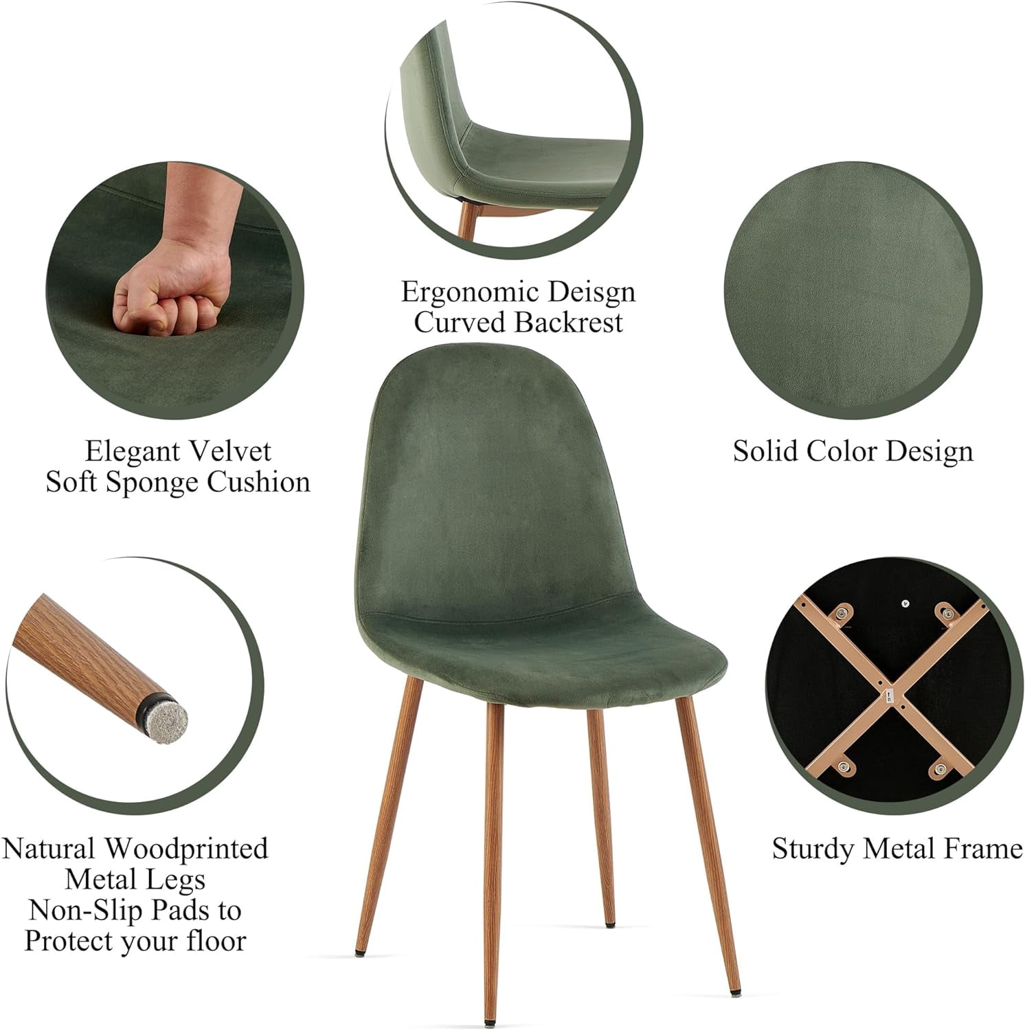 NORDICANA Modern Dining Chairs Set of 4, Green Velvet Kitchen Chairs, Upholstered Side Chairs with Faux Wood-Grain Metal Legs