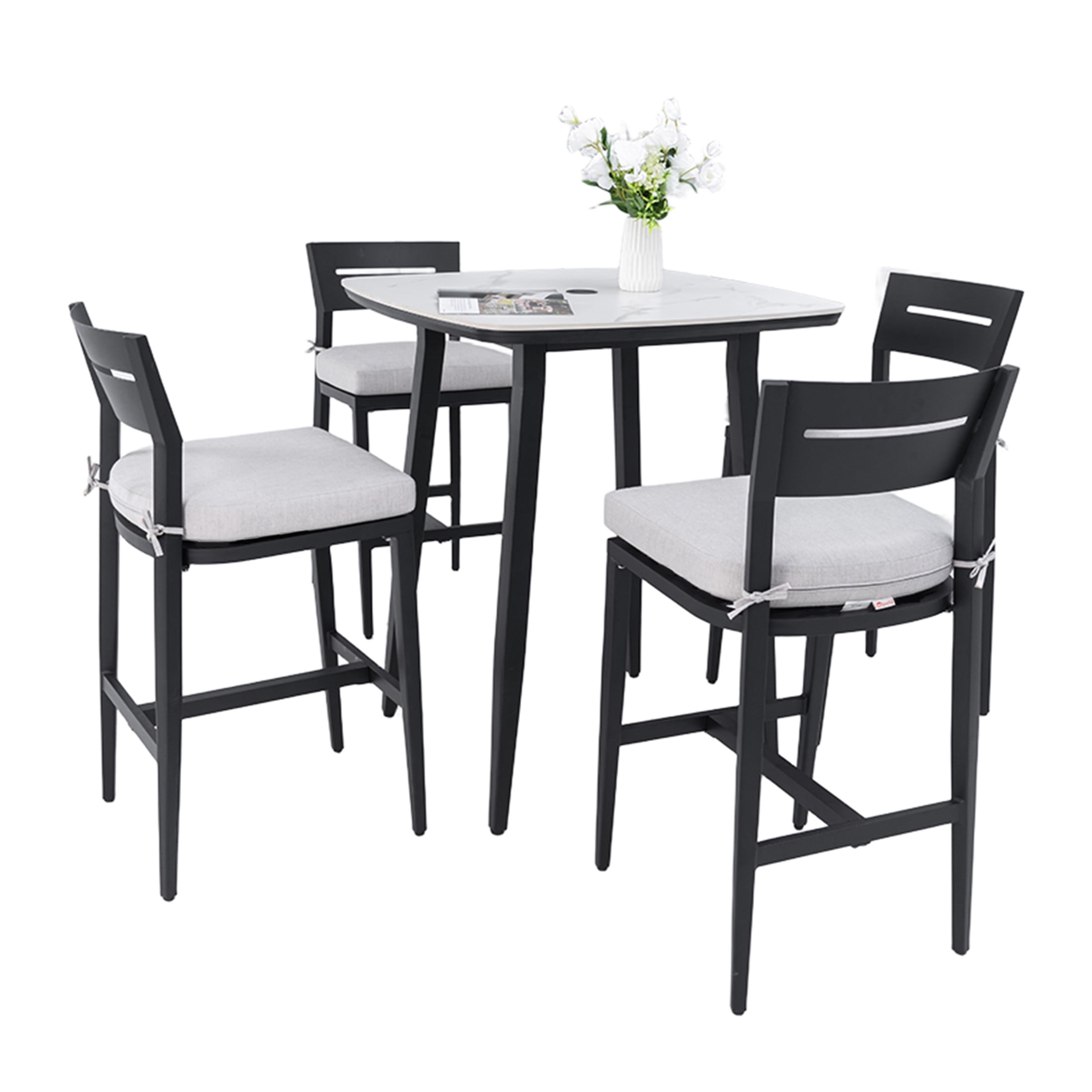 Noble House 5-Piece Outdoor Bar Set, Sintered Stone Table, Aluminum Bar Stools & Sunbrella Fabric Cushions, Ember Black