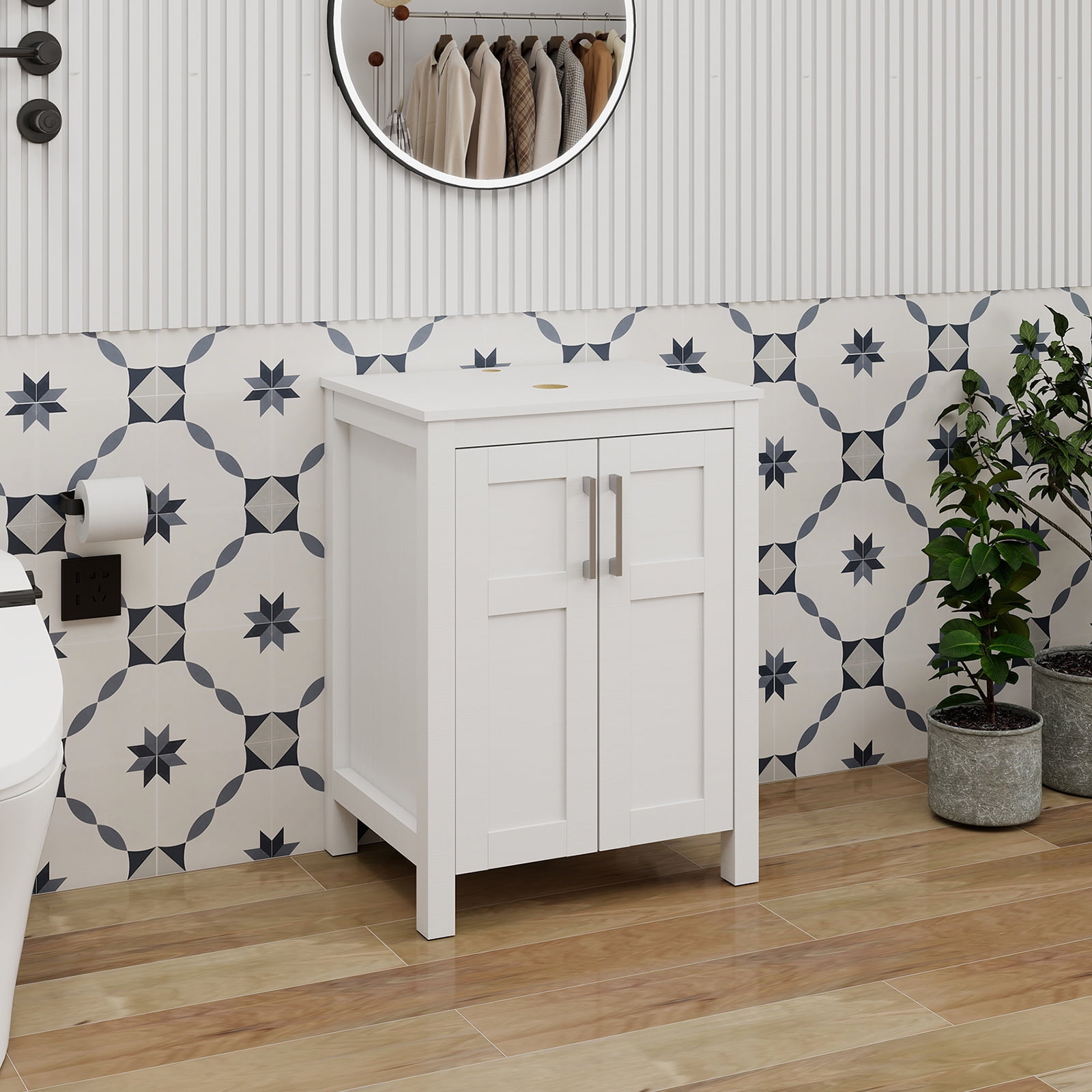 ELECWISH 24 Inches Traditional Bathroom Vanity in White Finish, Single Bathroom Vanity with Top and 2-Door Cabinet
