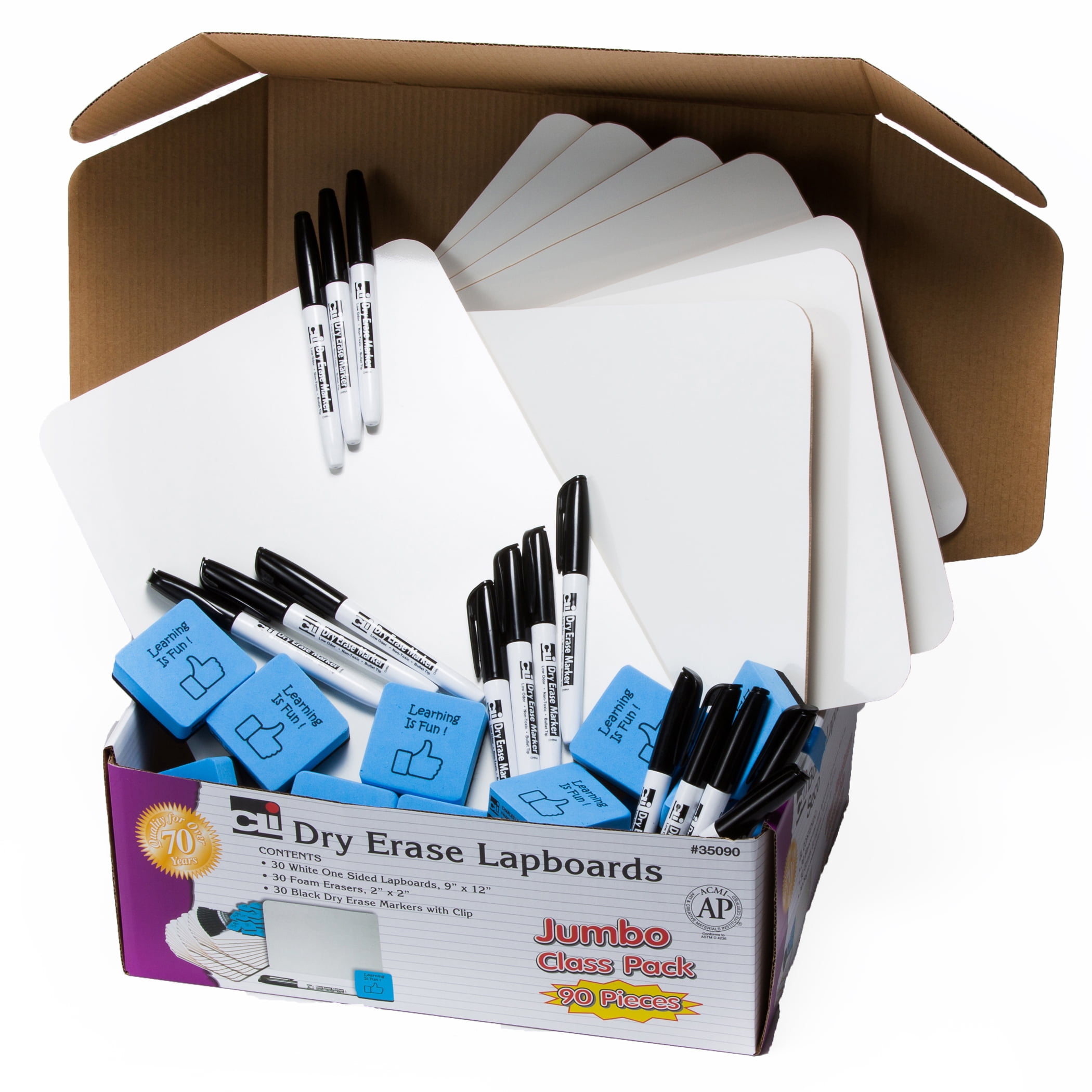 Charles Leonard Dry Erase Lapboard Class Pack includes 30 Each: One Sided- Plain, White Dry Erase Boards, 2x2" Felt Erasers & Low Odor, Black AP Certified Dry Erase Markers 90 Pieces/Box (35090)