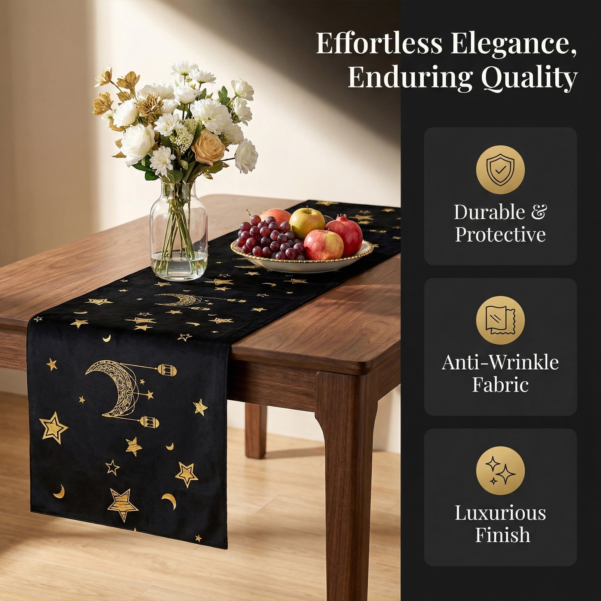 Unique Bargains Long Printed Polyester Table Runner for Decorations Black 13"x63"