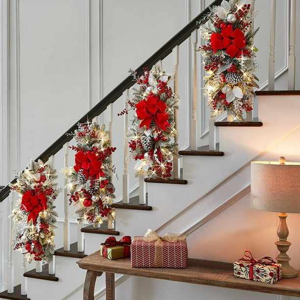 LOVECOM Pre-Lit Stair Swags Christmas Garland for Stairs Railing Prelit ...