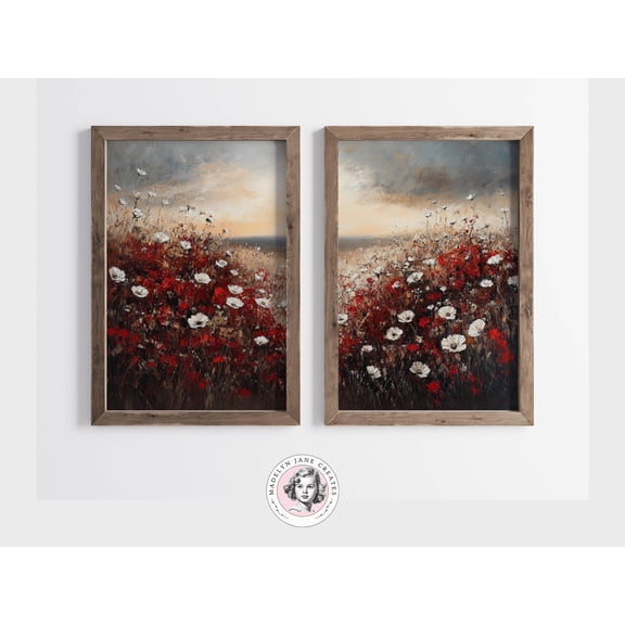 Flower Wall Art, Wildflower Prints Set of 2, Wildflower Decor, Moody Beach Art, Landscape Painting, Coastal Wall Art, Moody Floral Print Poster Unframed
