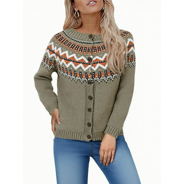 LMKIHUSA Femmes 2025 Automne Cardigans Chandails Ethnique Boho Graphique Tricot Fair Isle Manteau Col Rond Cardigan à Boutons Café,TTG