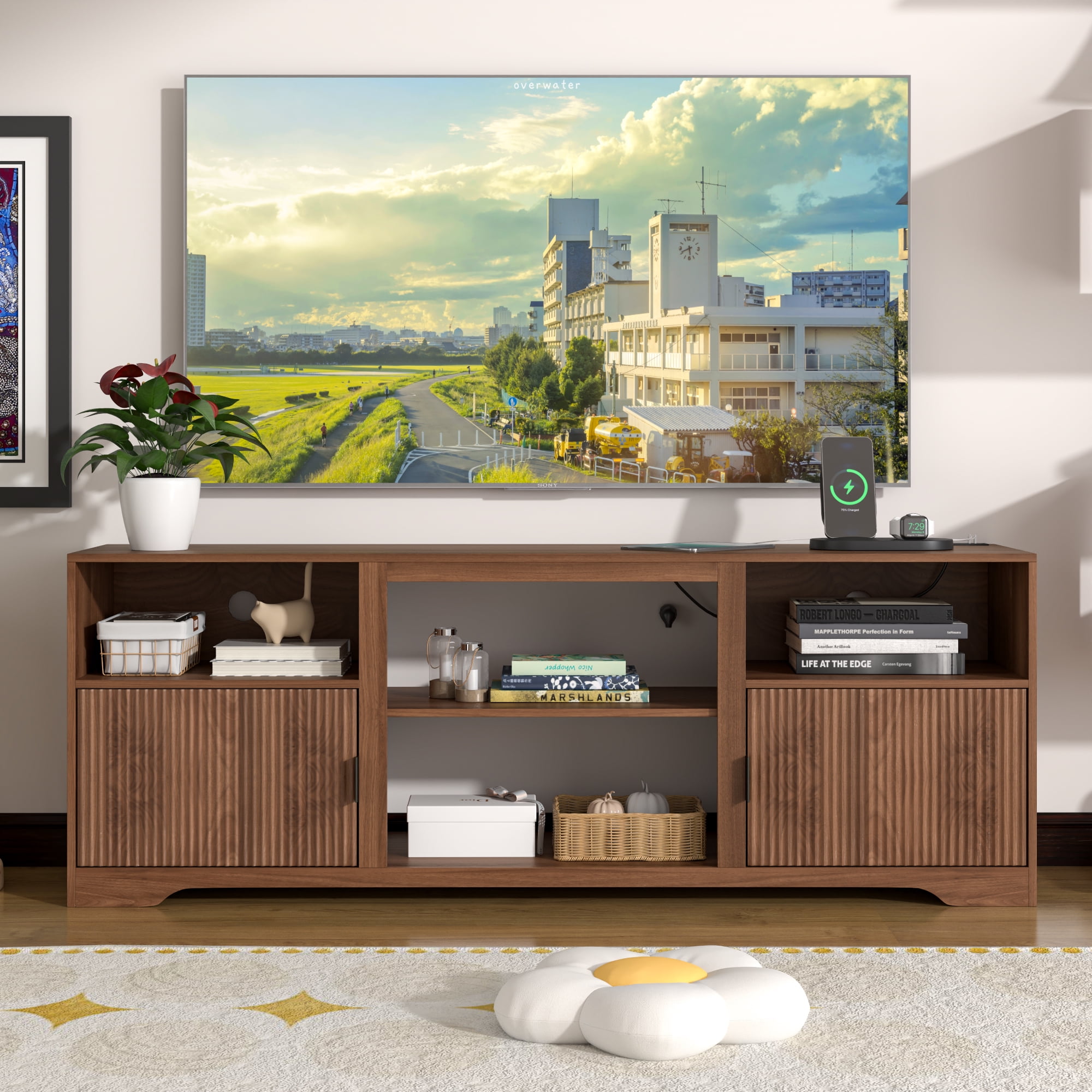 LUCKYELF Modern TV Stand for TVs up to 80", Entertainment Center with Storage, Media TV Console Table for Living Room, Bedroom, Walnut Color