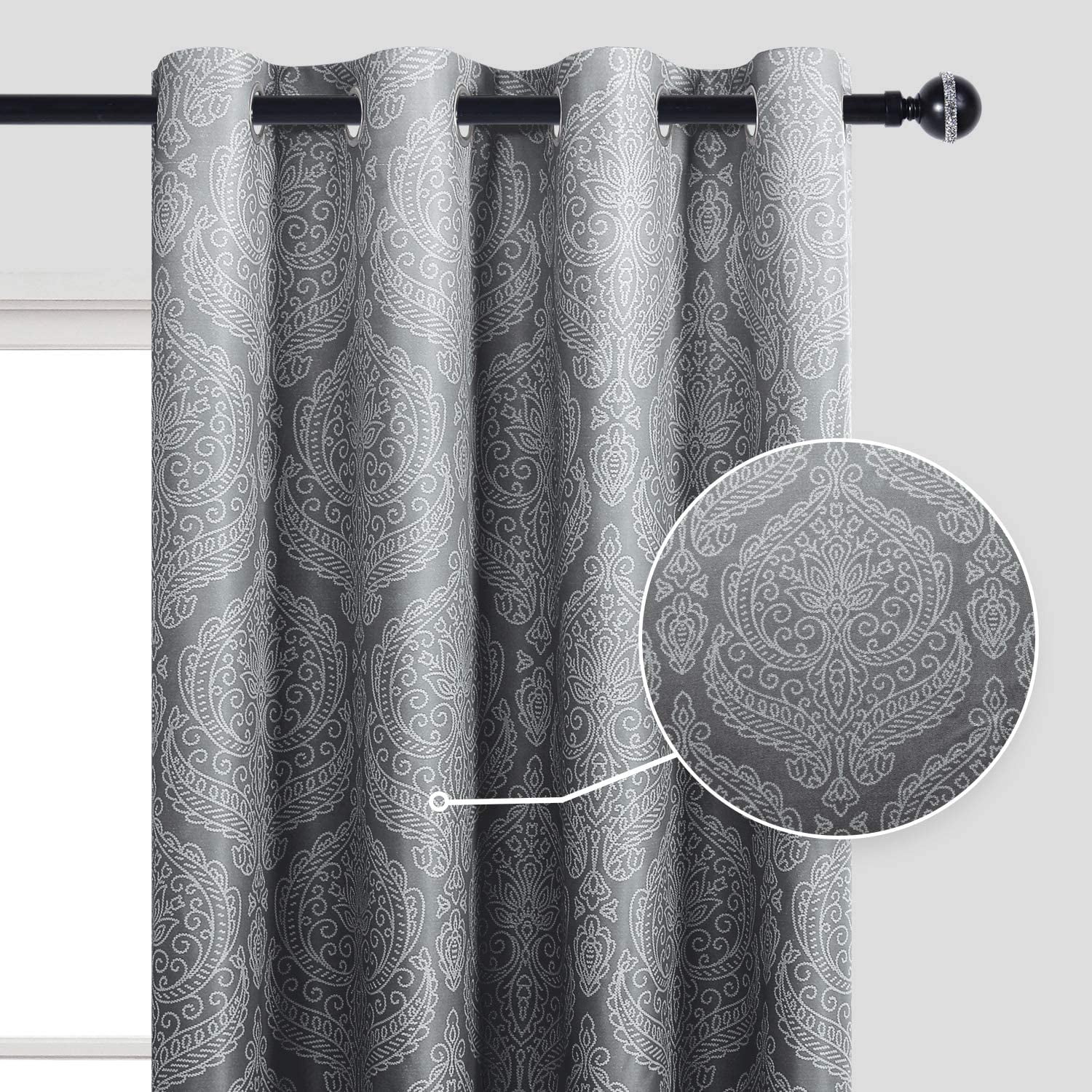 JIUZHEN Ombre Blackout Curtains for Bedroom - Grommet Top Thermal Insulated Room Darkening Window Drapes for Living Room, set of 2 Gradient Damask Curtain Panels, 52 x 96 Inches Long, Black