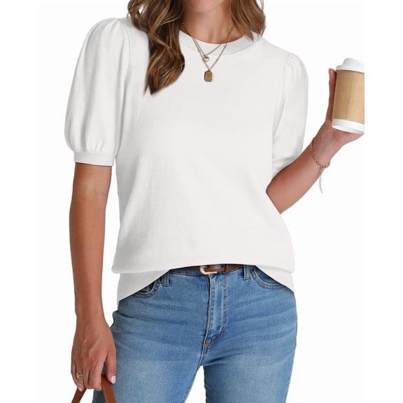 Ronuti Women's Puff Short Sleeve Sweater Tops 2026 Summer Fall Trendy Knit Crew Neck Casual T Shirts Blouses