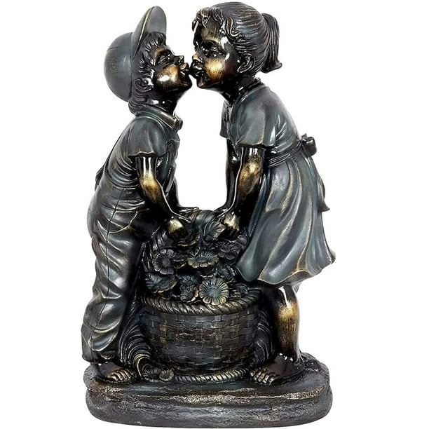 Boy & Girl Garden Statue, Adorable Children Kissing Couple Figurines