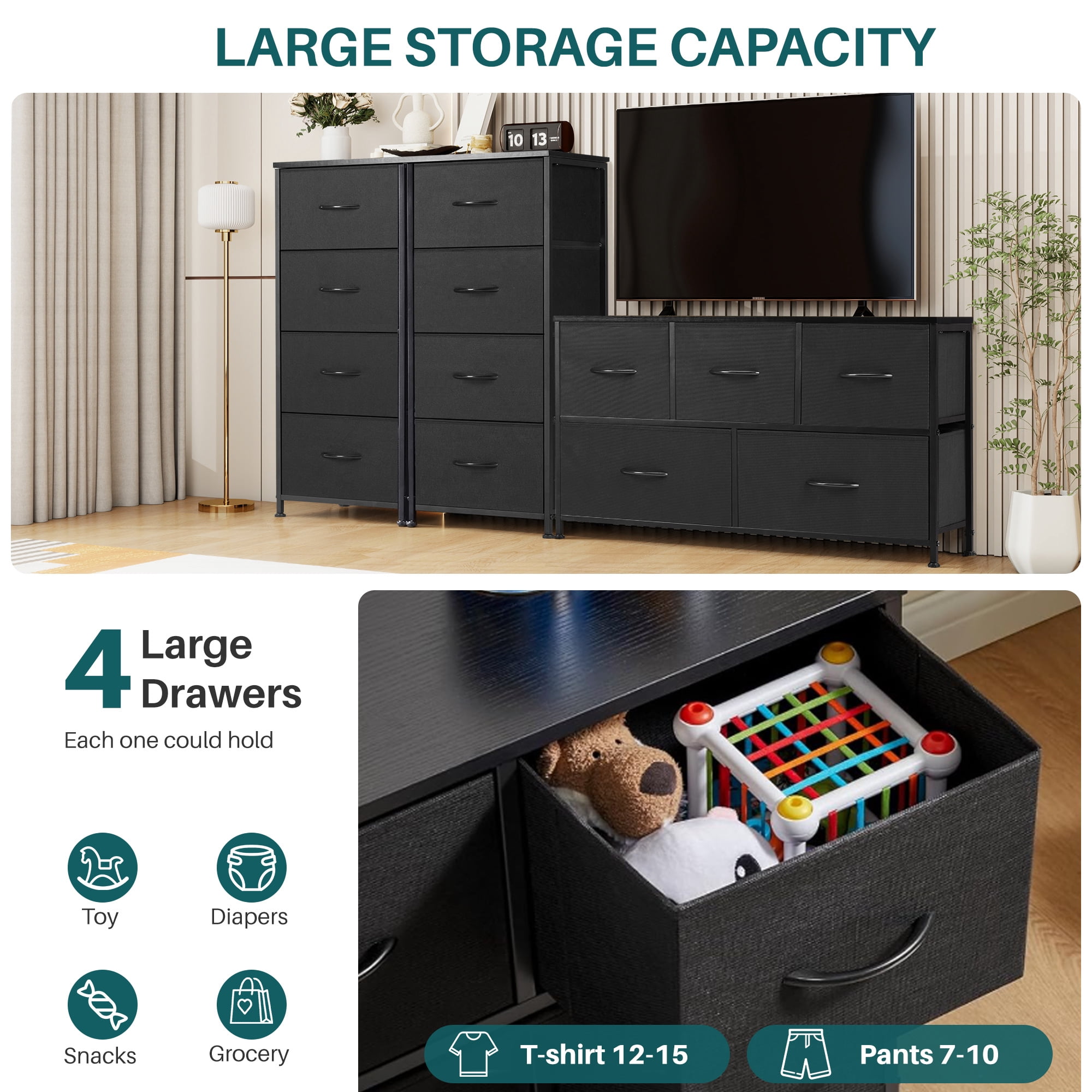 Nextay 4-Drawer Fabric Storage Dresser, End Table with Steel Frame & Wooden Top, Organizer Unit for Living Room, Entryway, Black