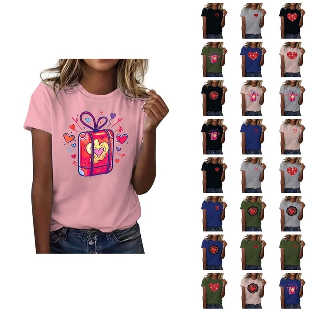 T-shirts pour Femmes de la Saint-Valentin 2026 Mode Manches Courtes Col Rond avec Cœur Graphique