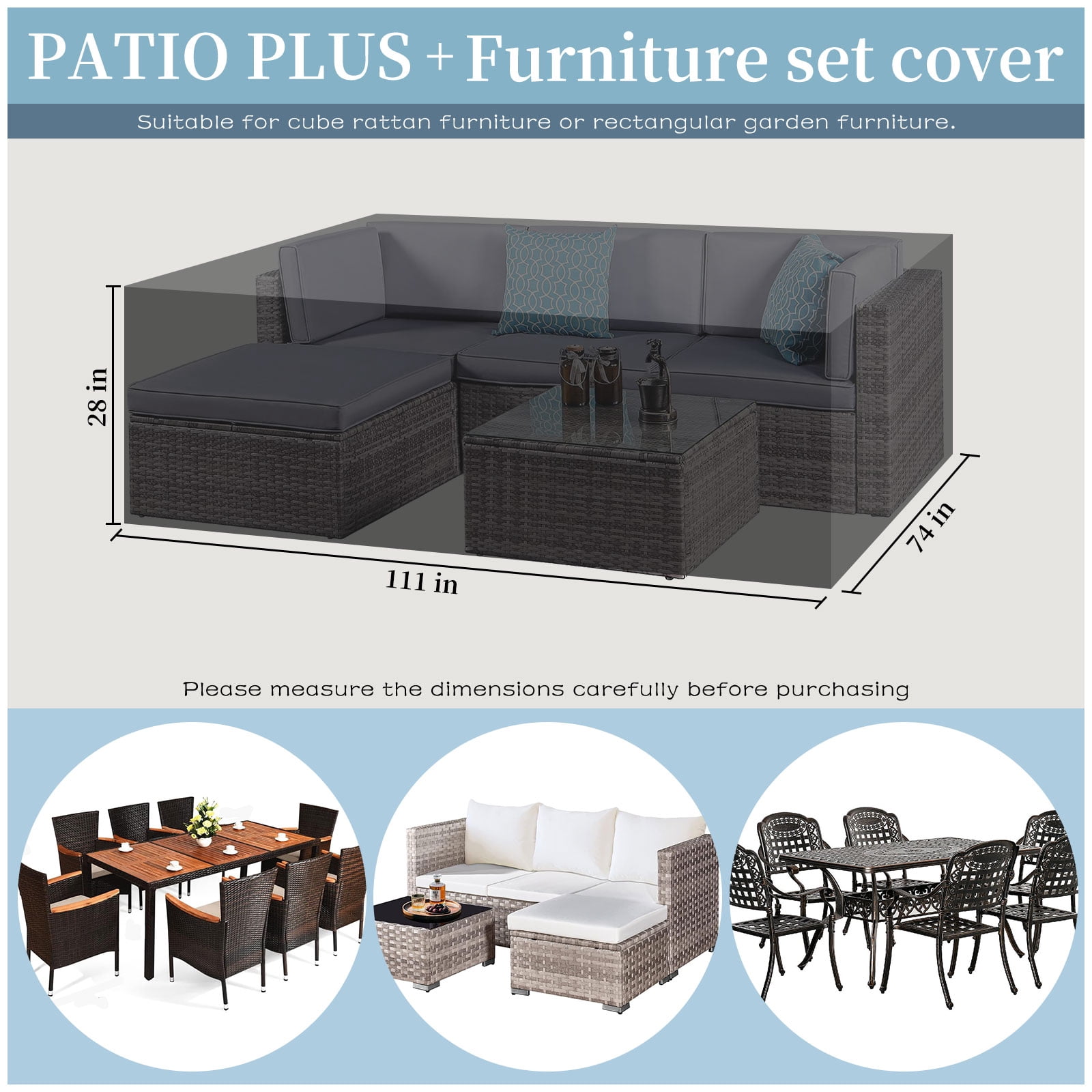 PATIO PLUS Garden Furniture Cover，Garden Table and Chairs Patio Set Cover Waterproof，Windproof, Anti-UV, 420D Oxford Fabric Outdoor Table Covers Rectangular 111x74x28 inches Black