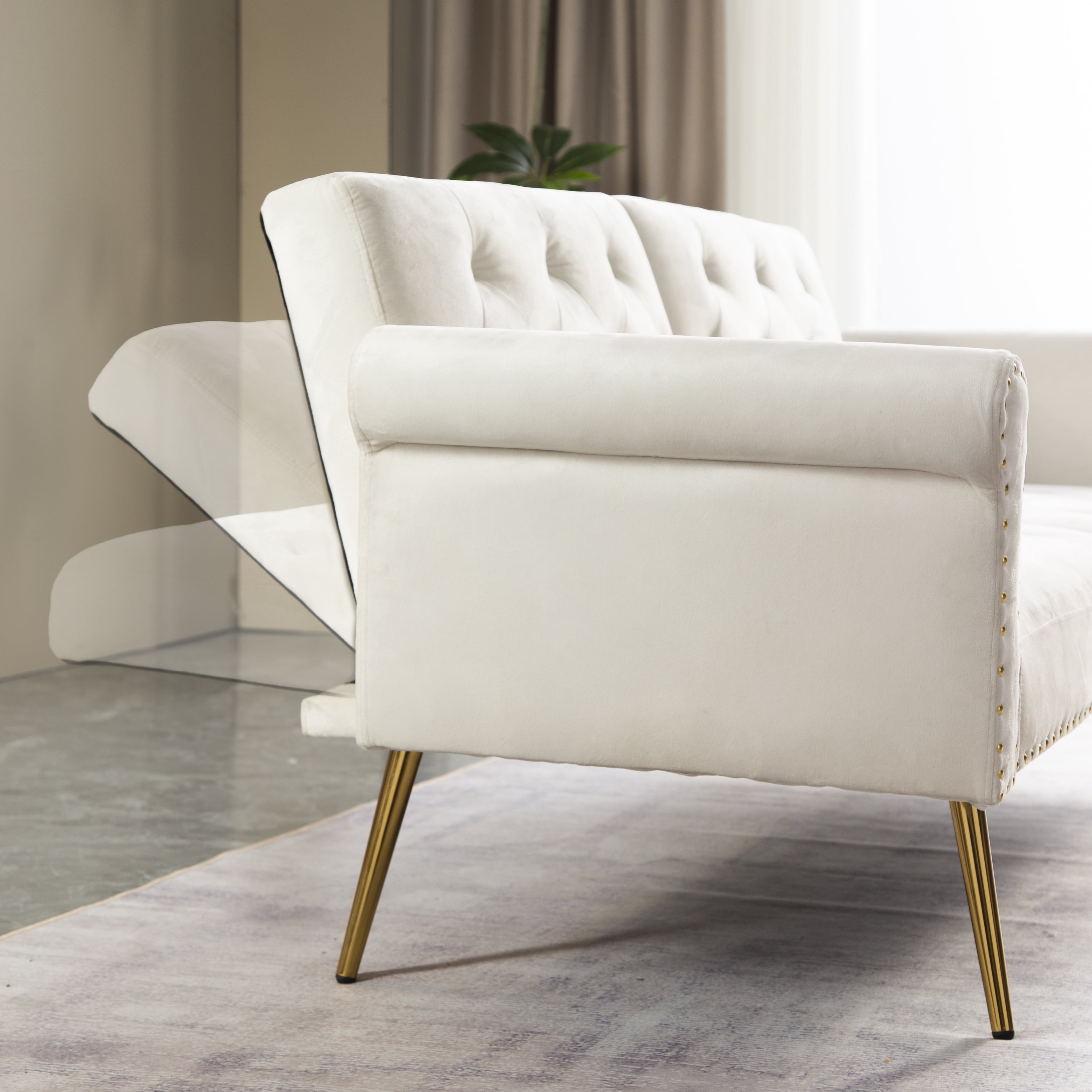 Convertible Futon Sofa Bed,Velvet Upholstered Nailhead Loveseat Sofa with Two Pillows,Modern Sleeper Couch Bed for Living Room,Bedroom,Beige