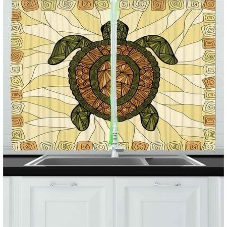 - Turtle Curtains 2 Panels Set, Stylized Turtle Zentangle on Yellow Background Spiral Forms Bohemian Artwork, Window Drapes for Living Room Bedroom, 55W X 39L Inches, Yellow Green Brown, by Ambesonne