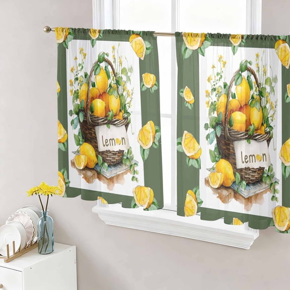 Lemon Basket Summer Sheer Curtains 45 Inch Length 2 Panels Set, Farmhouse Green Lace Eucalyptus Voile Window Treatment Rod Pocket Small Kitchen Curtains Drapes for Bedroom 52"x45"x2