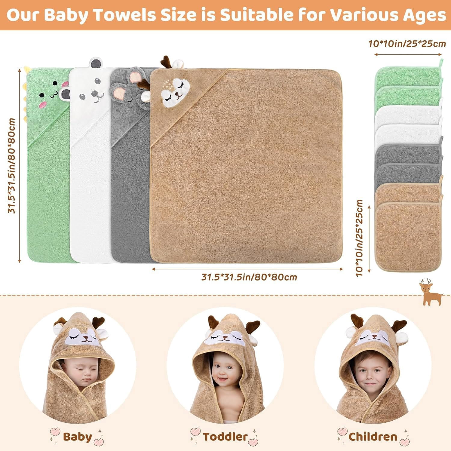 Baby Bath Towels Set for Infants Toddlers, 4 PCS Animal Hooded Baby Towels , Ultra Absorbent Cute Soft Newborn Essentials Gift for Boys & Girls