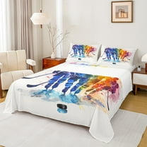 Manfei Watercolor Ice Hockey Bed Sheets, Modern Sports Lover King Sheets, Teenager Boys Girls Sheet Set, Ultra Soft Home Decor, 4pcs
