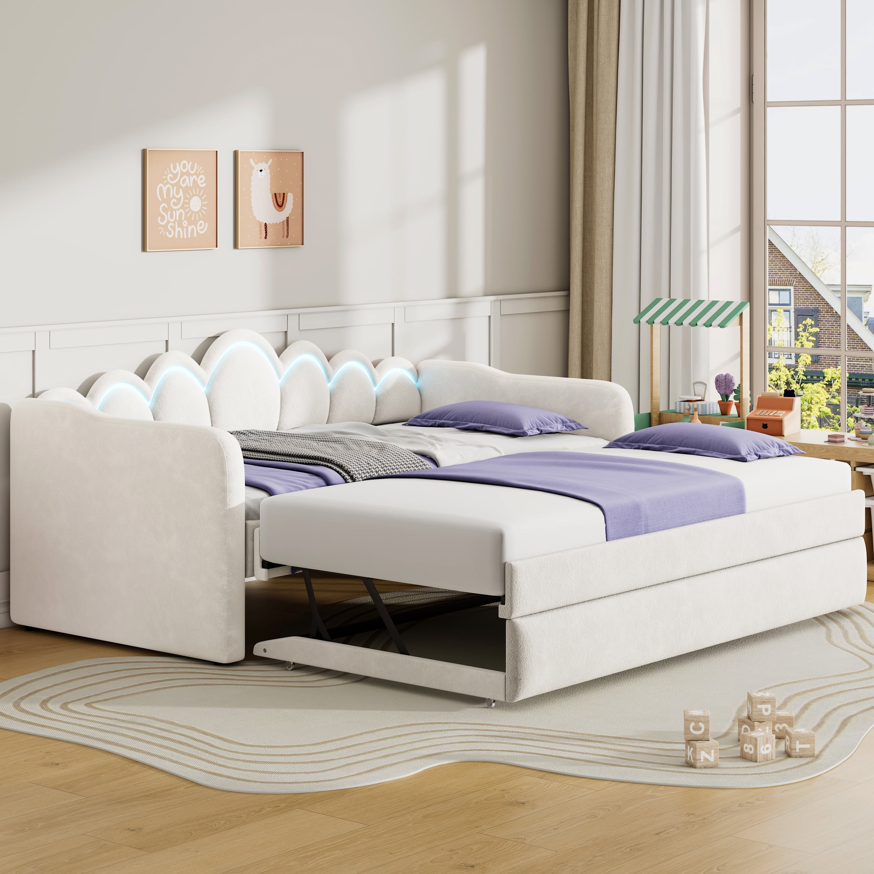 Euroco Upholstery Twin XL Daybed with Trundle and LED Light, Convertible Trundle Bed, White