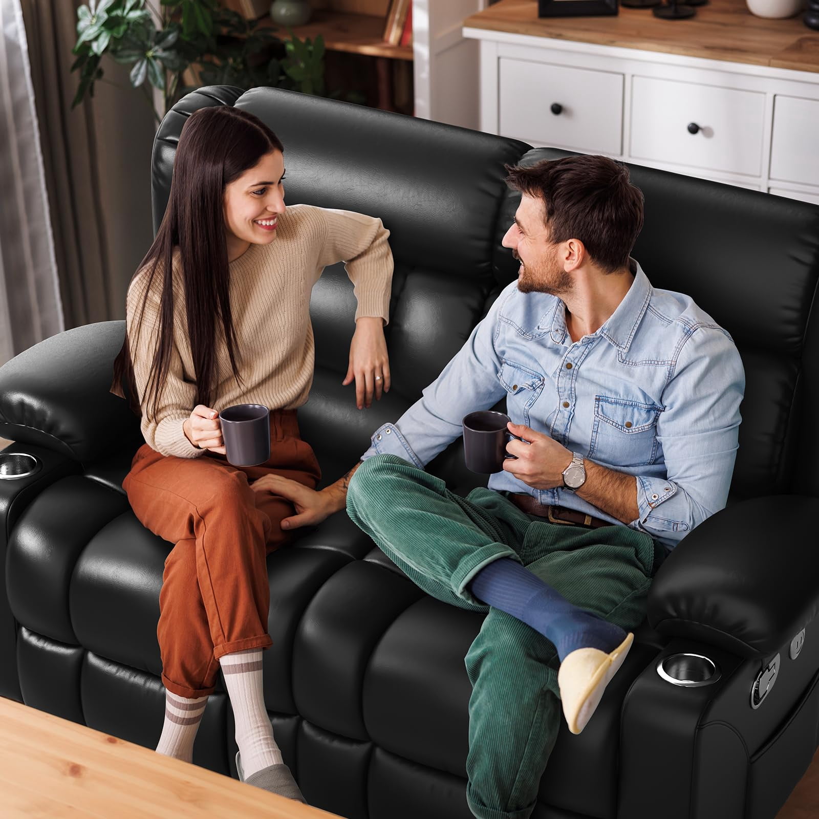 LOBERFVE Loveseat Recliner Sofa, PU Leather Reclining Loveseat with USB Charge Ports, Cup Holders, 2 Seater Manual Pull Tab Recliner Sofa Couches for Living Room, Black